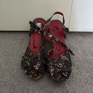 Black with cherry print wedge size 8.